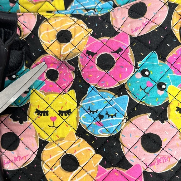 Luv Betsey Johnson Weekender Tote Bag Large Quilted Donuts Kitty Cats Black - Picture 10 of 11